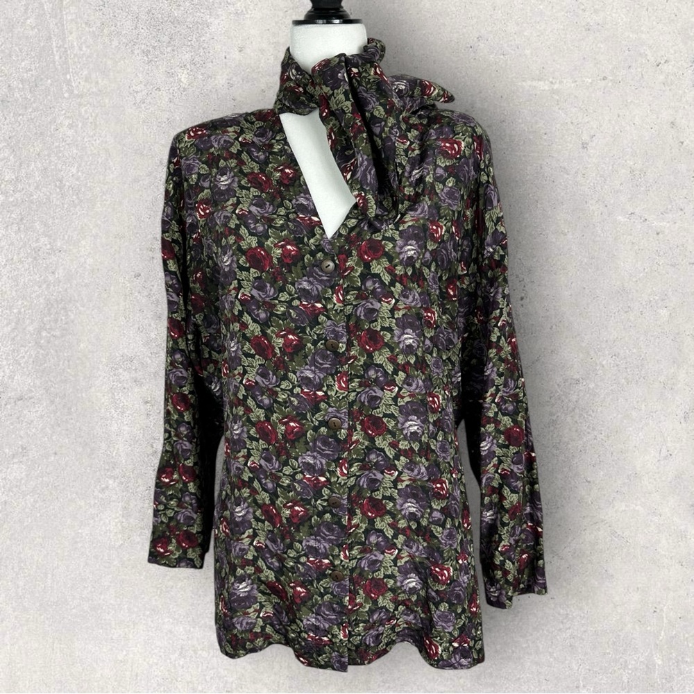Vintage 100% Silk Dark Floral V-Neck Blouse Top Matching Scarf Ties At Back Sz M